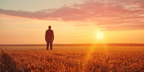 Fototapeta premium A serene image capturing a solitary man gazing into the sunset across a vast golden wheat field