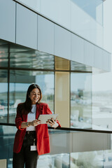 Smiling businesswoman in red blazer using tablet at modern office window in daylight