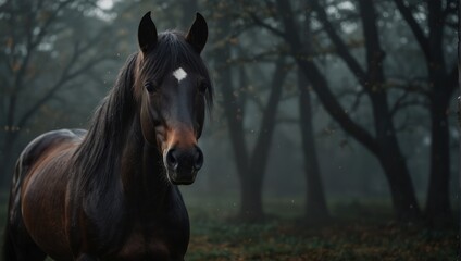A horse with long flowing hair in a foggy environment,.