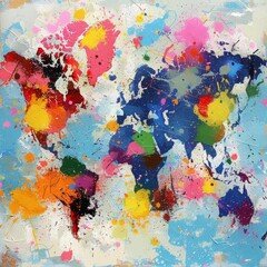 Conceptual Abstract World Map in Vibrant Paint Splashes for Global Trade and Logistics Design