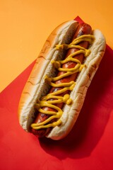 Enhanced photo of hot dog with mustard on orange and red background. Created with Generative AI.