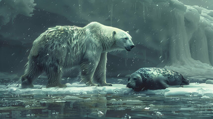 Polar bear hunting seal   A stunning portrayal of the Arctic predator in action, embodying strength and endurance on the icy hunt.