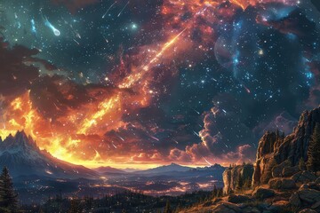 Naklejka premium Meteor shower over a high mountain ridge, front view, capturing a moment of cosmic wonder, futuristic tone, colored pastel