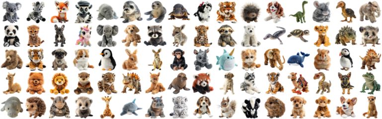 Big set of cute fluffy animal dolls for nursery and children toys, many animal plush dolls photo collection set, isolated background AIG44