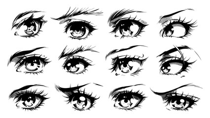 Eyes of Different Shapes and Sizes with Various Emotions in Manga Style. Hand Drawn Simple Style, Black Icons on White Background, Cartoon Expressions, Anime Eye Illustrations, Comic Character