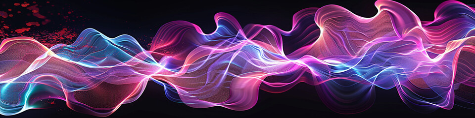 Produce a panoramic digital illustration of sound waves moving dynamically and rhythmically in a captivating wave formation.