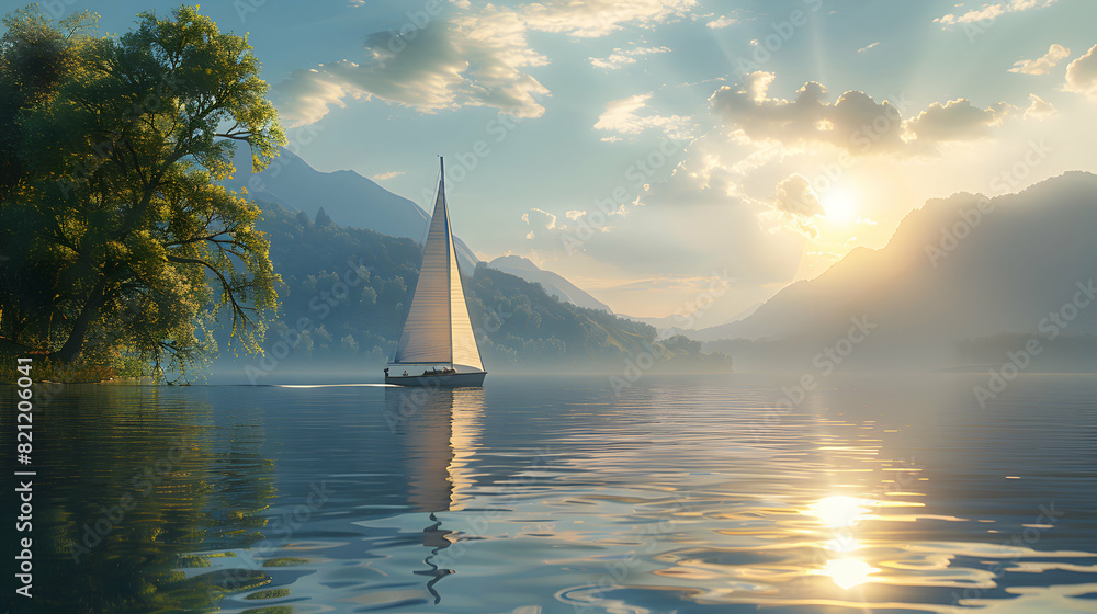 Poster sailing on a lake: embracing tranquility and adventure with a photo realistic touch of a man enjoyin