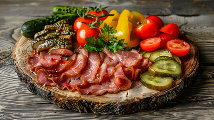 Ukrainian appetizer platter with sliced meats, fresh tomatoes, cucumbers, and pickles on a rustic wooden board