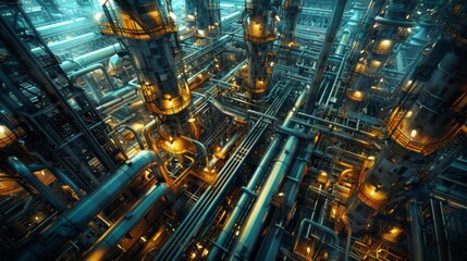 Fototapeta premium Create a high-impact image depicting the intricate operations of a petrochemical refinery. Showcase the complexity and scale of the machinery and infrastructure involved