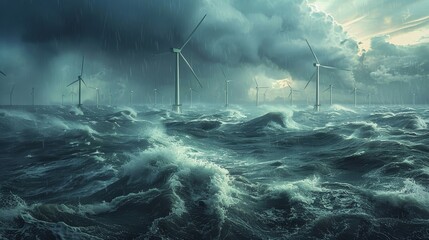Fototapeta premium A stormy ocean with a wind farm in the distance
