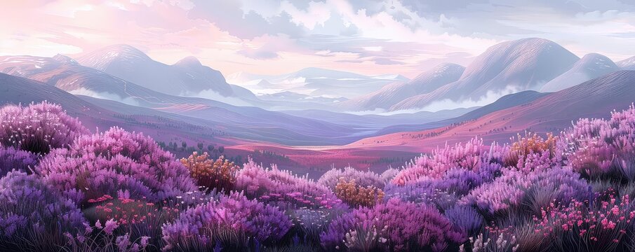Moorland with blooming heather flat design side view purple bloom theme water color Analogous Color Scheme