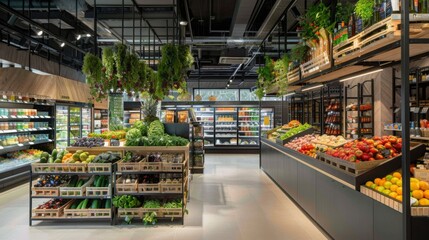 Eco-friendly supermarket with sustainability initiatives, reduced packaging and renewable energy, sleek and vibrant design 