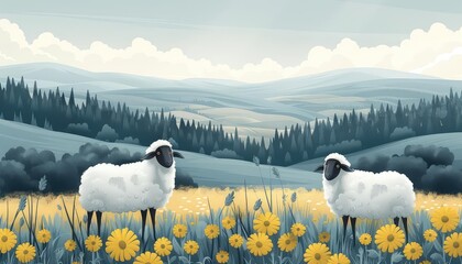 Moorland with wandering sheep flat design top view pastoral life theme animation Complementary Color Scheme