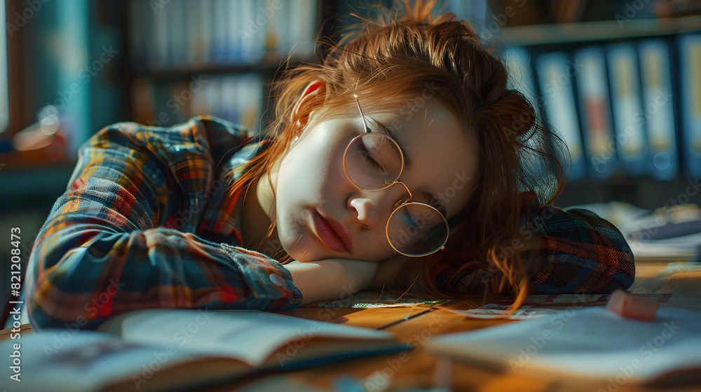 Poster teacher resting on lesson plans: depicting effort in lesson preparation with teacher napping on desk