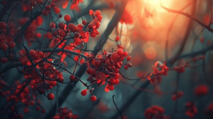 A cluster of vibrant red berries hangs gracefully from a tree branch
