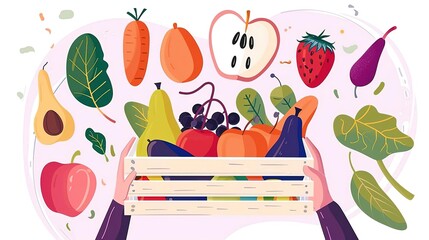 A variety of fruits and vegetables are arranged in a wooden crate. The crate is held by two hands. The background is white.