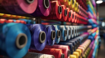 A shelf lined with rows of colorful spools of thread