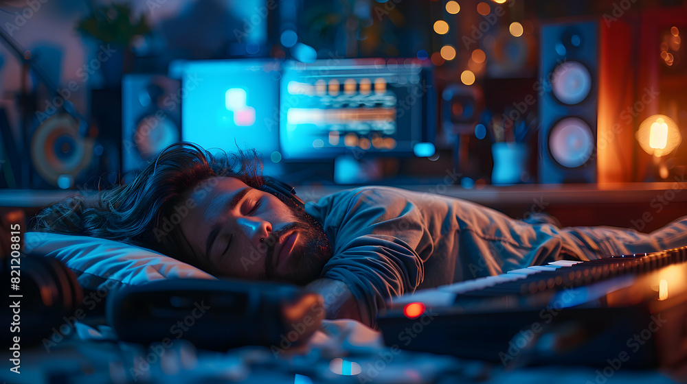Aufkleber a video editor asleep on their keyboard in an editing suite, showcasing the long hours and detailed 