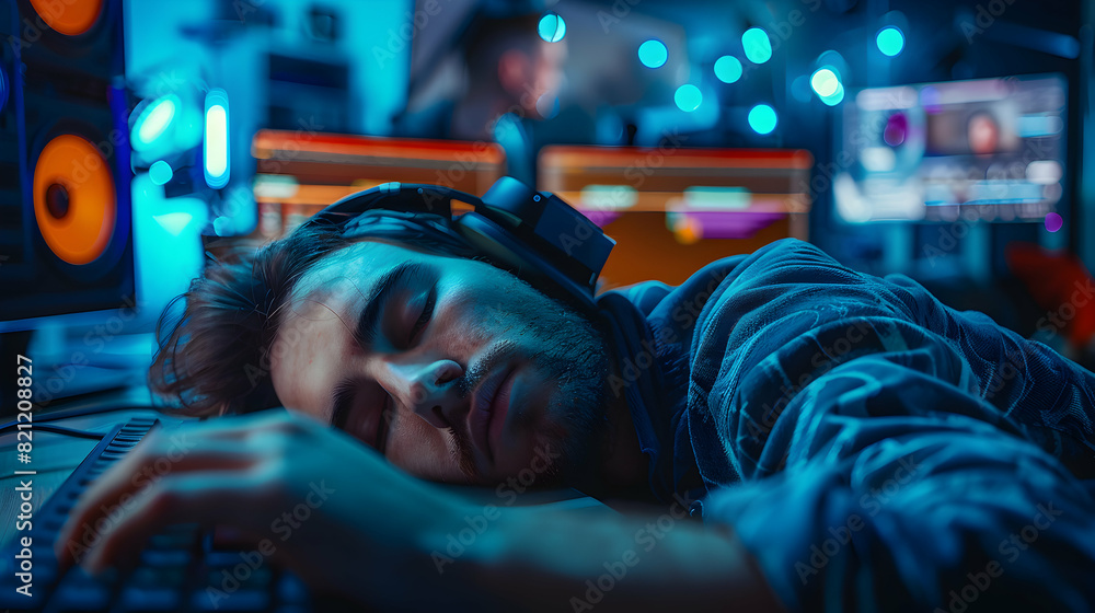 Poster photo realistic concept of a dedicated video editor asleep at their keyboard in an editing suite, hi