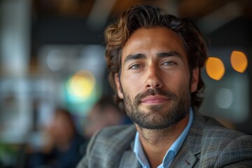 Obraz premium Handsome man with casual business attire and relaxed posture in a contemporary café setting