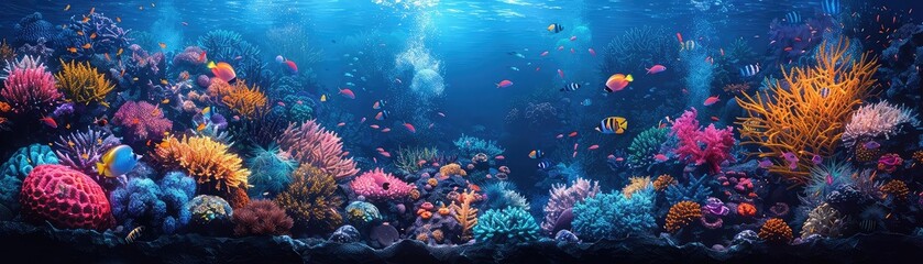 Fototapeta premium Night dive in Coral Reef flat design top view nocturnal marine life theme animation Tetradic color scheme