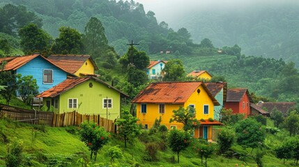 Obraz premium vibrant colors of houses and the lush green of the landscape generative ai