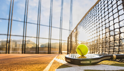 A yellow padel ball rests on top of a padel racket on a green padel court. Generative ai.