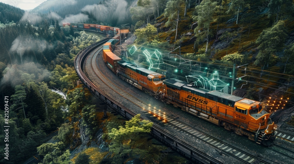 Poster dynamic aerial view of cargo train traversing mountainous terrain with digital overlays displaying r