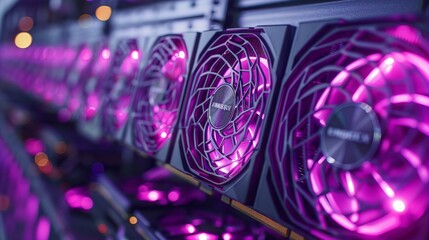 Closeup of graphics card with purple fans in the background, high tech server room background, purple lighting, dark tones. Generative AI.