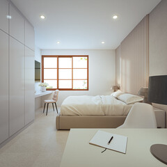 Bed on white tile floor of bright bedroom. Minimal home interior 3d rendering in modern house.