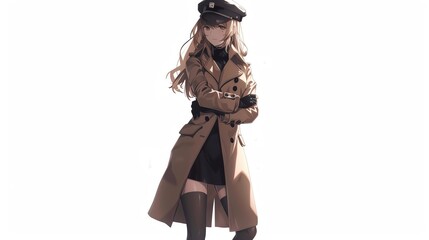 Obraz premium Stylish anime girl in a trench coat and hat poses confidently, fashion illustration in elegant fall attire on a white background.