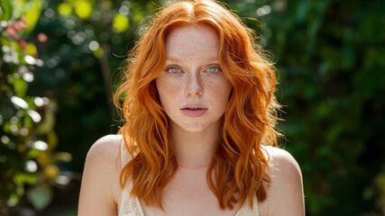 Fototapeta premium Beautiful young woman with red hair and freckles in a summer garden