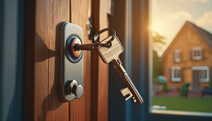 Landlord key for unlocking house is plugged into the door. Second hand house for rent and sale. keychain is blowing in the wind. mortgage for new home, buy, sell, renovate, Ai Generate 