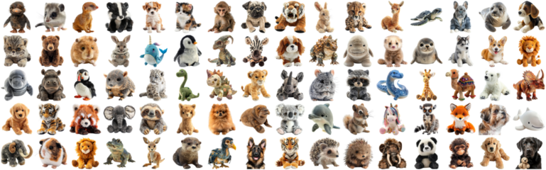 Big set of cute fluffy animal dolls for nursery and children toys, many animal plush dolls photo collection set, isolated background AIG44