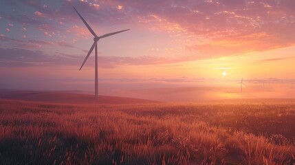 Obraz premium A field of grass with a wind turbine in the foreground