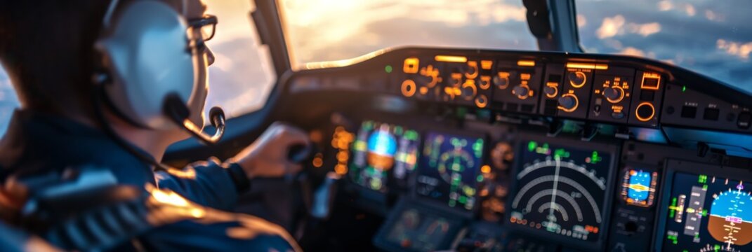 Pilot with headset in a cockpit, managing an array of advanced flight instruments during a flight