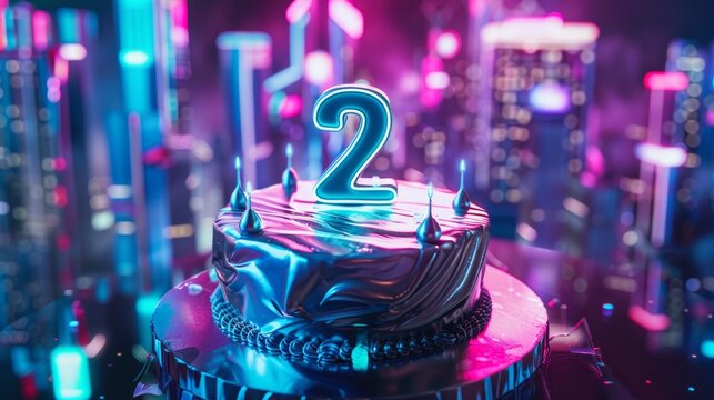 Futuristic Second Birthday Cake with Metallic Silver Number 2 and Neon Lit Cityscape Background for High Tech Party Theme