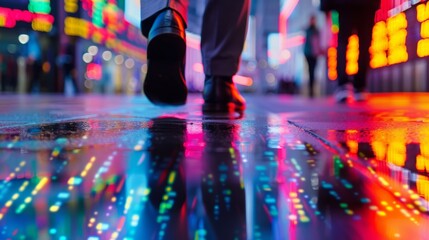 Stock Broker Moving Forward in High-Energy Office with Neon Market Graph Reflections - Perfect for Financial and Investment Themes