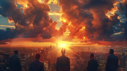 A group of men and women in suits observing a beautiful sun lit cityscape with menacing storm clouds at the distant horizon. Generative AI.