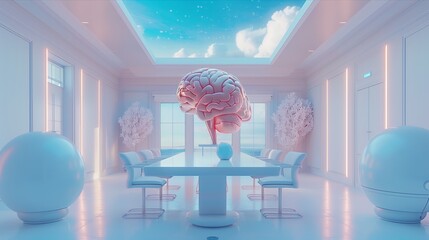 Futuristic Room with Pink Tree and Sky Ceiling