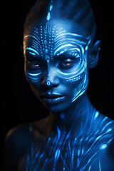 Humanoid bioluminescent avatar with blue light that highlights intricate patterns on their skin