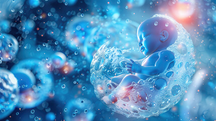 A digital conception of a human fetus surrounded by a fluid-like, abstract blue environment representing cellular or embryonic development.