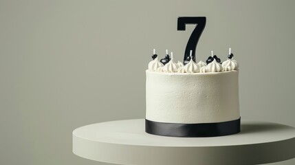 Minimalist Birthday Banner with Elegant White Cake and Bold Black Number 7 on Gray Background - Perfect for Card, Poster, Print Design