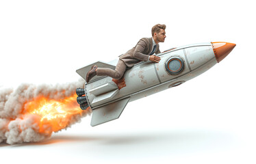 Businessman flying on a rocket in the sky