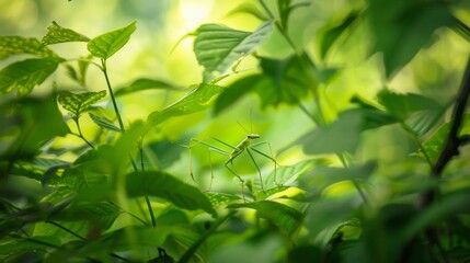Fototapeta premium Stick insect blending in with the leaves, almost invisible to the naked eye.