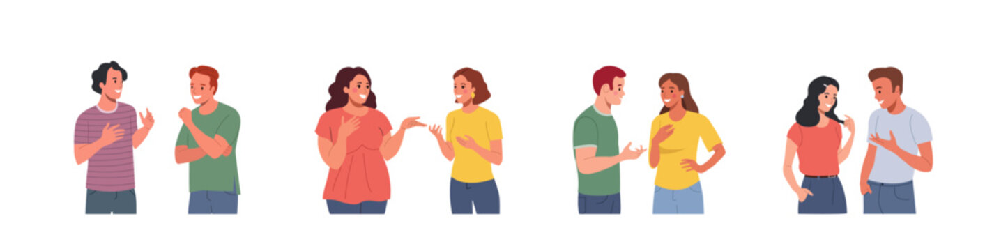 Young men and women talking, gossiping, whispering secrets, telling news. Flat style cartoon vector illustration.