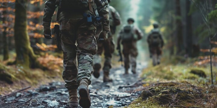 Soldiers in camouflaged uniforms trek through a forest, representing military training, teamwork, and perseverance