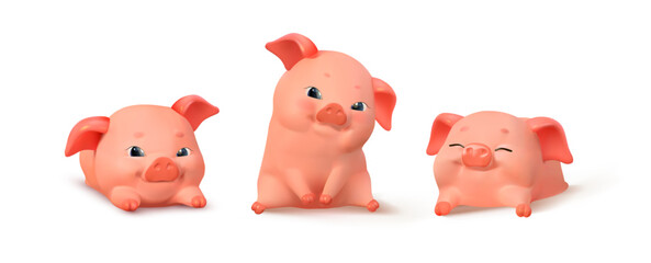 3D set of 3 piglets. Cute pigs lie and sit. Isolated on white background. Vector illustration.