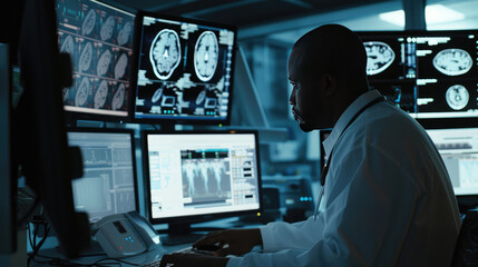 A focused healthcare professional analyzing data on multiple computer monitors in a dimly lit room, likely in a medical facility.