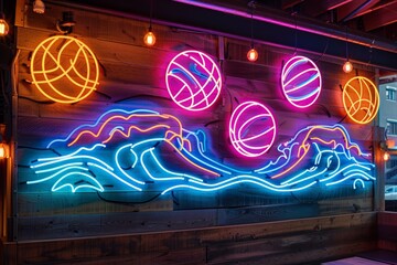 Vibrant Neon Sign Design for Beach Volleyball Bar with Stylized Volleyball and Waves